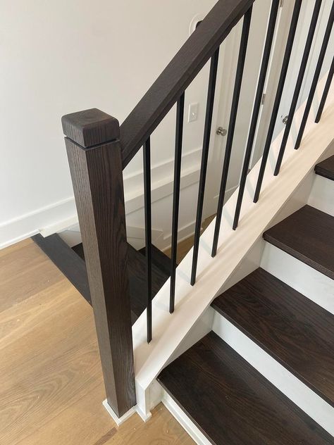 Dark Brown Stairs, Southern Staircase, Brown Stairs, Black Railing, Wood Balusters, Traditional Colonial, Newel Posts, Modern Stairs, Front Entry