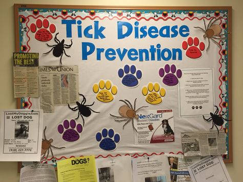 Tick prevention awareness! Ah, living in the great north east brings us plenty of challenges, including dealing with the dreaded deer tick (and dog tick, and black legged tick and, well you get it). I found free printable tick bodies online, cut them out and laminated them. Next, I found a photo of the product that we most strongly encourage owners to use for tick prevention. I also printed up a little sheet on tick detection tips. The paw prints on the board all have facts about ticks too! Clie Vet Clinic Bulletin Board Ideas, Deer Ticks, Paw Print Art, Vet Office, Tick Prevention, Vet Assistant, Vet Medicine, Paw Pattern, Veterinary Technician