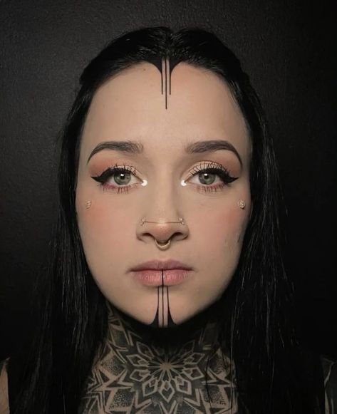 Dot Work Face Tattoo, Unique Face Tattoos For Women, Face Tattoos For Women Forehead, Pagan Face Tattoo, Witchy Face Tattoo, Forehead Tattoos For Women, Delicate Face Tattoo, Women Head Tattoo, Henna Face Designs