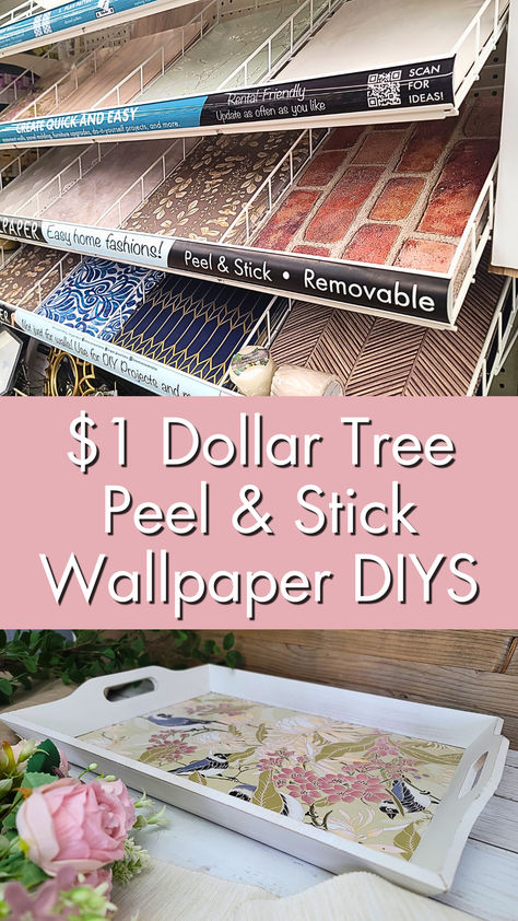 Get ready for some fun DIY projects using Dollar Tree's peel and stick wallpapers! I'll share my favorite tips and hacks for making beautiful home decor using these wallpapers. #dollartree #dollartreediy #diyhomedecor #crafts Dollar Tree Wallpaper Crafts, Dollar Tree Peel And Stick Wallpaper Ideas, Dollar Tree Makeover, Dollar Tree Stick On Tile, Dollar Tree Diy Crafts To Sell, Dollar Store Wood Crafts Diy Projects, Dollar Tree Trellis Ideas, Dollar Tree Peel And Stick Wallpaper, Wallpaper Crafts Ideas Projects