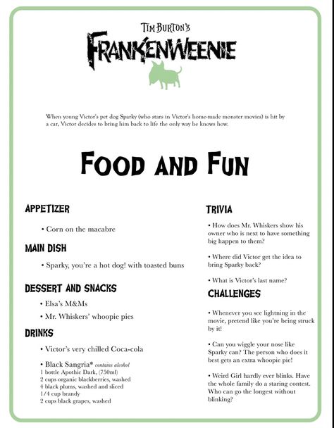 Food And Fun Movie Night, Movies And Food Pairings, Frankenweenie Themed Dinner, Frankenweenie Dinner And A Movie, Frankenweenie Movie Night, Frankenweenie Food Ideas, Halloween Dinner And Movie Cards, Themed Dinner Nights Movie, Turning Red Dinner And A Movie