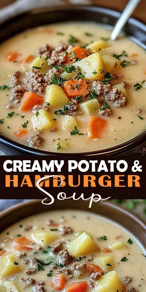 This Creamy Potato & Hamburger Soup is the ultimate comfort food, perfect for chilly nights or cozy weekends! 🥔🍖 Packed with rich flavors, tender potatoes, and juicy hamburger, it's easy to make and loved by the whole family. ❤️ 👉 Pin now to save this delicious recipe for later! 🔥 #comfortfood #souprecipe #hamburgersoup #potatorecipe #easyrecipes #mealprep #weeknightdinner #homemade #heartymeals #fallrecipes Hamburger Beef Stew, Potato And Hamburger Soup, Potato And Hamburger, Hamburger Soup Crockpot, Best Hamburger Soup Recipe, Easy Crockpot Dump Meals, Potato Hamburger Soup, Hamburger Potato Soup, Hamburger Soup Recipe