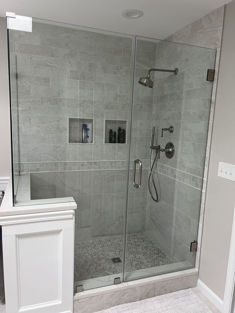 Tile Shower Ideas Walk In With Knee Wall, Shower With Knee Wall, Walk In Shower With Pony Wall And Bench, Shower Knee Wall Ideas, Showers With Knee Walls, Corner Shower With Pony Wall, Knee Wall Shower Ideas, Shower With Knee Wall And Bench, Corner Shower With Knee Wall