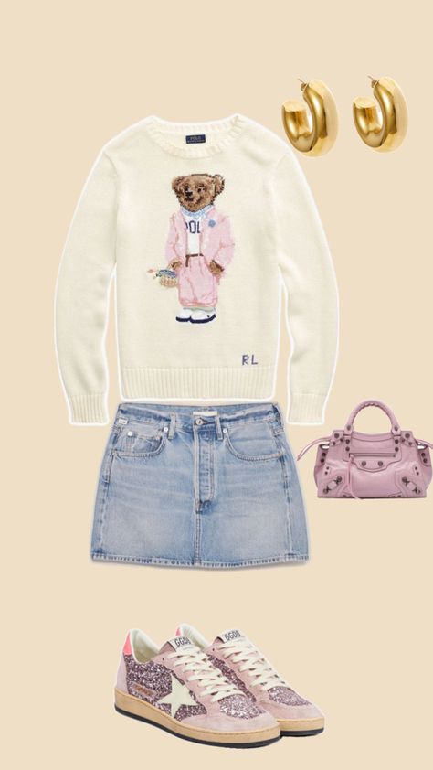 Light Denim Jeans Outfit, Ralph Lauren Sweater Outfit, Pink Mini Bag, Golden Goose Sneakers Outfit, Golden Goose Outfit, Watch Old, Vintage Gold Watch, Ralph Lauren Womens Clothing, Goose Sneakers