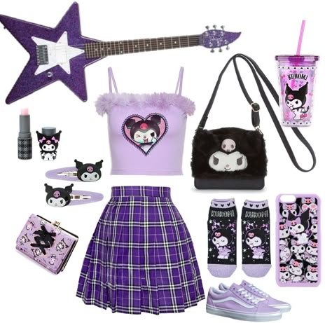 Hello Kity Outfits, Kuromi Skirt, Kuromi Outfit Ideas, Kuromi Outfit Aesthetic, Kuromi Aesthetic Outfit, Kuromi Inspired Outfit, Kuromi Crop Top, Kuromi Shoes, Kuromi Dress