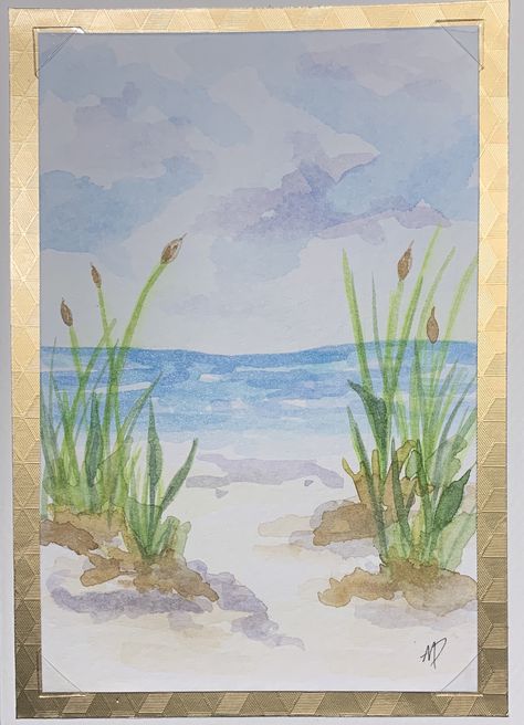 Beach Landscape Watercolor, Watercolor Beach Scenes Easy, Simple Beach Watercolor, Watercolor Beach Scene, Easy Beach Watercolor Paintings, Beachy Watercolor Ideas, Easy Beach Watercolor, Beach Scene Drawing, Beach Watercolor Paintings