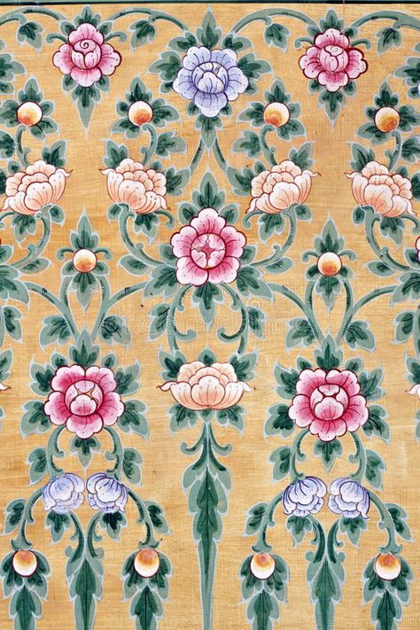 Traditional thai style paint art stock photos Thai Pattern, Vintage Flowers Wallpaper, Asian Love, Thai Art, Thai Style, Flowers Wallpaper, Collage Design, Anime Artwork Wallpaper, Paint Art