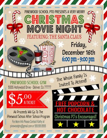 Christmas Decor For The Office, Holiday Fundraiser Ideas, Cheer Fundraiser Ideas, Student Council Activities, Fundraiser Ideas School, Movie Night Flyer, Creative Fundraising, Cinema Party, Pta Fundraising