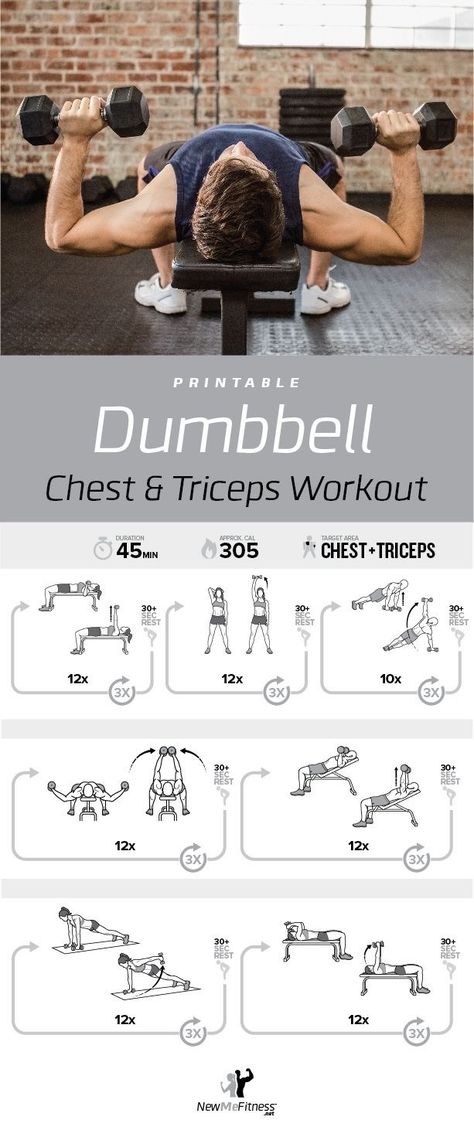 Chest Exercises With Dumbbells, Tris Workout, Tricep Workout With Dumbbells, Chest And Triceps Workout, Weekly Gym Workouts, Dumbbell Chest Workout, Chest And Tricep Workout, Dumbbell Workout At Home, Fitness Studio Training