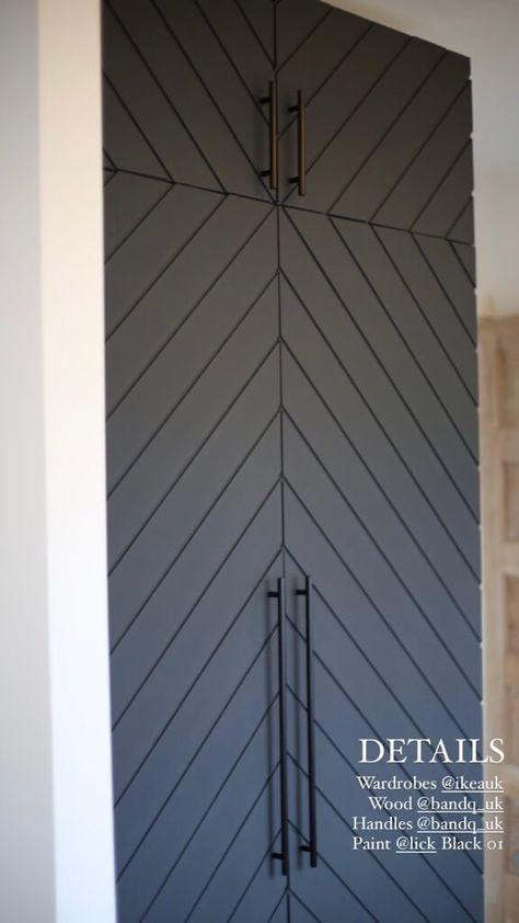 Diy Panelling Wardrobe Doors, Revamp Wardrobe Doors, Panelled Wardrobe Doors Diy, Chevron Closet Doors, Diy Wardrobe Cabinet With Doors, Herringbone Closet Doors, Ikea Wardrobe Doors Makeover, Ikea Billy Wardrobe Hack, Modern Closet Door Ideas