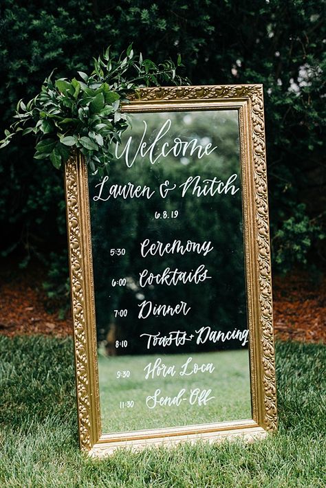 Outdoor Wedding Mirror Decor, Wedding Mirror Timeline, Mirror Ideas Wedding, Mirror Order Of The Day Wedding, Large Mirror For Wedding, Wedding Grand Entrance Ideas, Full Length Mirror Wedding Sign, Vintage Mirror Wedding Sign, Wedding Mirror Signs