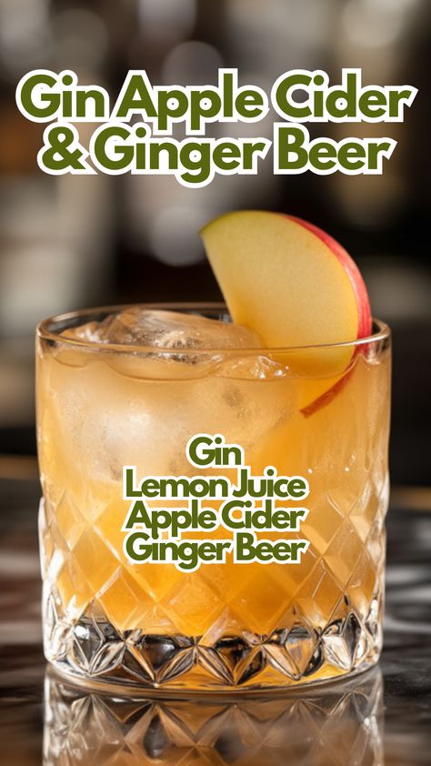 Gin Apple Cider & Ginger Beer Cocktail Gin Ginger Beer Cocktail, Gin And Ginger Ale, Alcoholic Drinks Gin, Apple Cider Ginger Beer, Mocktails Recipes, Lake Drinks, Ginger Beer Drinks, Cocktail Cards, Ginger Beer Cocktail