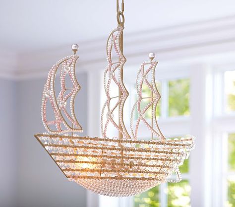 | Copy Cat Chic | chic for cheap: Candelabra Ship Chandelier Ship Chandelier, Nautical Chandelier, Kids Chandelier, Neverland Nursery, Peter Pan Nursery, Crystal Ship, Baby Friends, Pb Kids, Baby Rooms