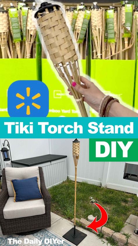 Use 3 supplies to make a quick and easy stand for your tiki torches + flame free ideas! Diy Tiki Torch Decoration, Tiki Lights Backyards, Tiki Torches Around Pool, Tiki Torch Ideas Backyards, Diy Tiki Torch Stand, Table Top Tiki Torch, Tiki Torch Stand, Diy Tiki Torch, Tiki Torches Diy