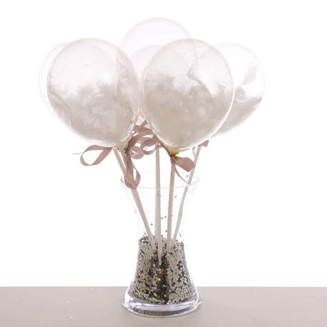 Feather Wedding Favors, Balloon Centrepiece, Balloons On Sticks, Balloon Table Decorations, Stick Centerpieces, Ceiling Balloons, Balloon Table Centerpieces, Hot Air Balloon Centerpieces, Arch Designs