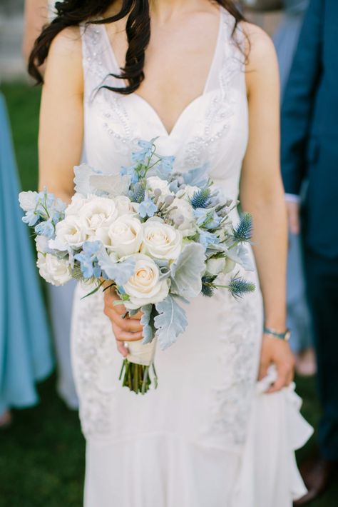 Texture Play Something Blue Bouquet, Hoco Flowers, Bouquets Ideas, White Bouquets, Smith Wedding, Wedding Posing, Bridal Bouquet Blue, Spring Wedding Bouquet, Blue Delphinium