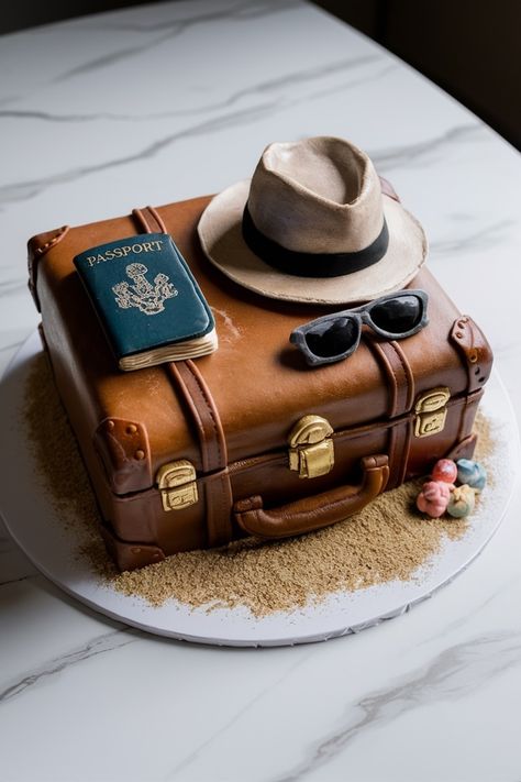 Set Sail on Sweetness: Travel Cake Design for Wanderlust Birthdays Suitcase Cake Ideas, Travel Cake Design, Travel Cake Ideas Birthdays, Travel Birthday Cake, Cakes 2023, Cake Travel, Luggage Cake, Suitcase Cake, Edible Sand