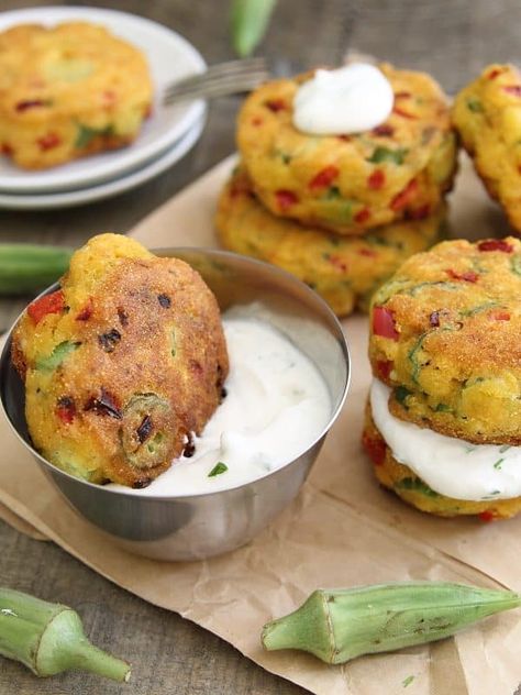 Okra cornmeal cakes with cilantro lime yogurt dip Red Okra Recipes, Recipes With Okra, Cornmeal Cakes, Okra Recipe, Fried Okra, Recipe List, Okra Recipes, Yogurt Dip, Cilantro Lime