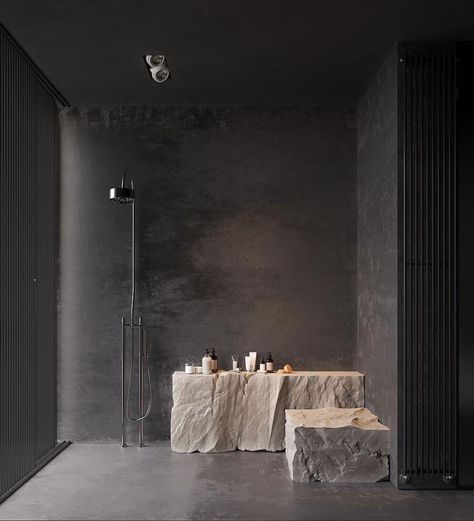 All Black Interior Design, Black Interior Design, Bad Inspiration, Stone Bathroom, Dekorasi Kamar Tidur, Design Blogs, Casa Container, Trendy Bathroom, Dark Interiors