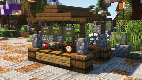 Be sure to use /paste -e to include all of the entities when pasting the build with WorldEdit! Shop Stand Design, Minecraft Bakery, Produce Stand, Shop Stand, Minecraft Farm, Minecraft Map, Minecraft Survival, Minecraft Decorations, Concession Stand