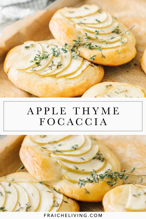 This Apple Thyme Focaccia is a super impressive treat to serve guests all-year round, they’ll think they stepped into a bakery! Makes 6-8 individual focaccia. #applethyme #focacciabread #applethymefocaccia #focacciarecipe What To Serve With Foccacia, Apple Focaccia Bread, Cinnamon Apple Foccacia, Sourdough Apple Focaccia, Apple Fritter Focaccia Sourdough, Foccacia Bread Pretty, Foccacia Bread, Gluten Free Apple Crisp, Rosemary Focaccia