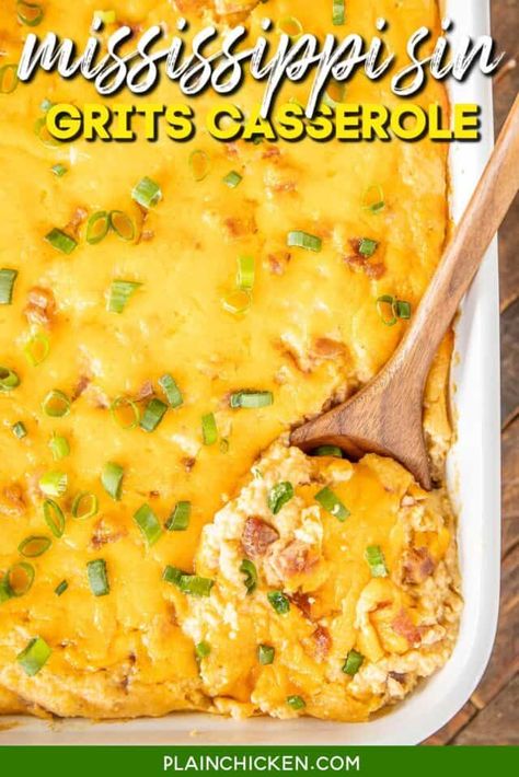 Mississippi Sin Grits Casserole - Plain Chicken Cheese Grits Casserole, Instant Grits, Grits Casserole, Easy Breakfast Casserole Recipes, Frito Pie, Cheesy Grits, Hashbrown Breakfast Casserole, Grits Recipe, Cheese Grits