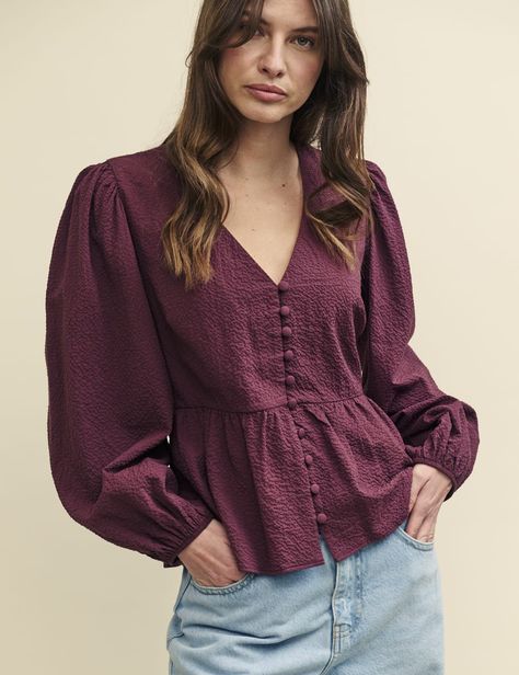 Plum Balloon Sleeve Ria Blouse | Nobody's Child Plum Outfit, Fearne Cotton, Dressing Sense, Iconic Dresses, Purple Blouse, Gingham Dress, Petite Maternity, Petite Dresses, Floral Dress Black