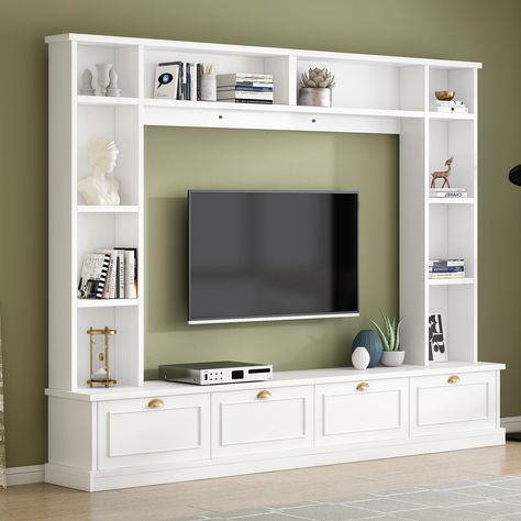 PRICES MAY VARY. The design of this TV cabinet is very exquisite, showcasing a modern and elegant style. The golden handles exude a luxurious feeling, standing out as visual highlights. The rectangular framing on the cabinet doors complements the minimalist appearance, accentuating its stylishness. This entertainment wall unit deftly combines a TV cabinet, bookshelf, wine cabinet, and display cabinet into a single entity, which consolidates multiple functions and maximizes the utilization of lim Tv Closet Living Room, Modern Entertainment Center Ideas, Modern Farmhouse Tv Wall, Entertainment Center With Bookshelves, Furniture For Tv, Harry Potter Living Room, Tv Bookcase, Tv Shelving, Built In Tv Cabinet