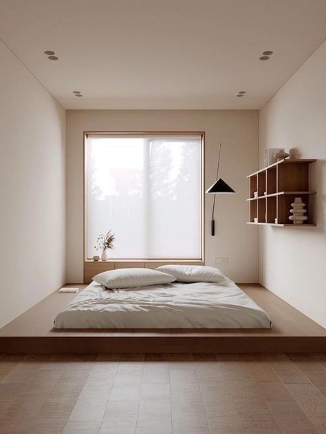 Corner Bed Design Bedrooms, Bedroom Muji, Design Bedroom Modern, Bedroom Platform, Top Bedroom Ideas, Low Profile Bed Frame, Japandi Minimalist, Japandi Interior Design, Japandi Interiors