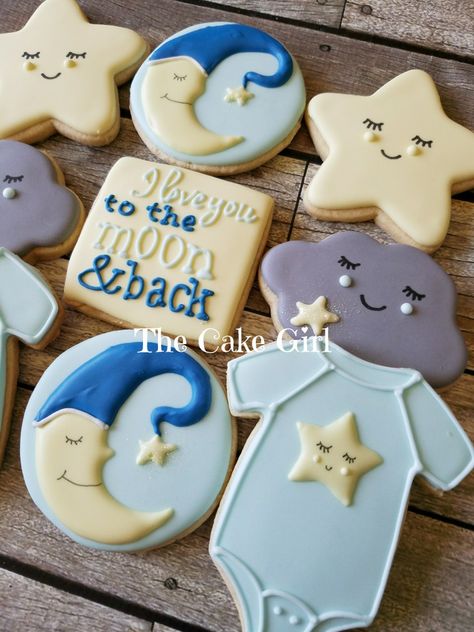 Love You To The Moon And Back Cookies, Love You To The Moon And Back Babyshower Theme, Love You To The Moon And Back Cake, Love You To The Moon Baby Shower Theme, Love You To The Moon And Back Baby Shower, To The Moon And Back Baby Shower Ideas, Baby Shower Cookies Neutral, Moon Baby Shower Theme, Moon Stars Baby Shower