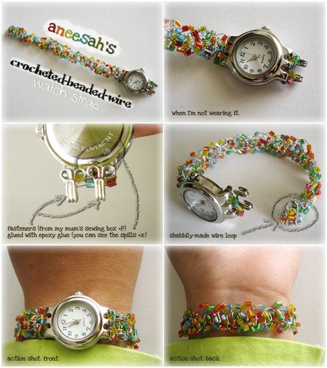 Watch head was a gift from ~petitechick (thankyoo! ), 0.3mm jewelry wire bought for previous art project, and beads I specifically bought to make a watc... Crocheted Beaded Wire Strap Watch Strap Ideas, Diy Watch Band, Beaded Watches Bracelet, Elegant Watches Women, Plastic Fou, Wire Crochet Jewelry, Beaded Watches, Diy Space, Crochet Beaded Bracelets