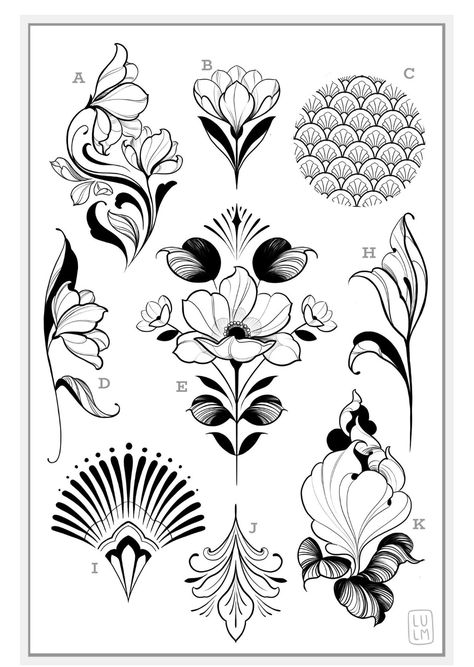 Fiori Art Deco, Fleurs Art Nouveau, Art Deco Tattoo, Art Nouveau Tattoo, Motifs Art Nouveau, Nouveau Tattoo, Art Nouveau Illustration, Spine Tattoos, Tattoo Flash Art