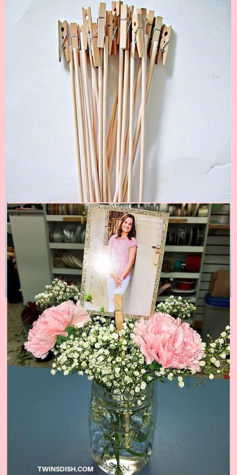 Simple Photo Centerpieces, Diy Party Props Decoration, Graduation Party Ideas Decorations Aesthetic, Photo Backdrop No Balloons, Male Party Centerpiece Ideas, Neutral Color Graduation Party, Rory Graduation, Simple Centerpieces For Party, Boho Graduation Party Ideas