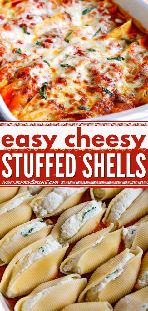 Easy Stuffed Shells, comfort food, family dinner ideas Stuffed Shells Easy, Easy Jumbo Shells Recipe, Recipes With Jumbo Shells, Stuffed Jumbo Pasta Shells, The Best Stuffed Shells, Recipes With Jumbo Pasta Shells, Yummy Vegitarian Foods, Thursday Dinner Ideas Families, Filled Pasta Shells