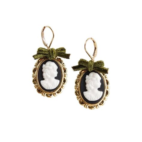 Dark Romance Goddess Oval Porcelain Cameo Earrings | POPORCELAIN | Wolf & Badger Dark Academia Accessories, Victoria Style, Green Velvet Ribbon, Olive Green Velvet, Victoria Fashion, Cameo Earrings, Dark Romantic, Cameo Jewelry, Porcelain Jewelry