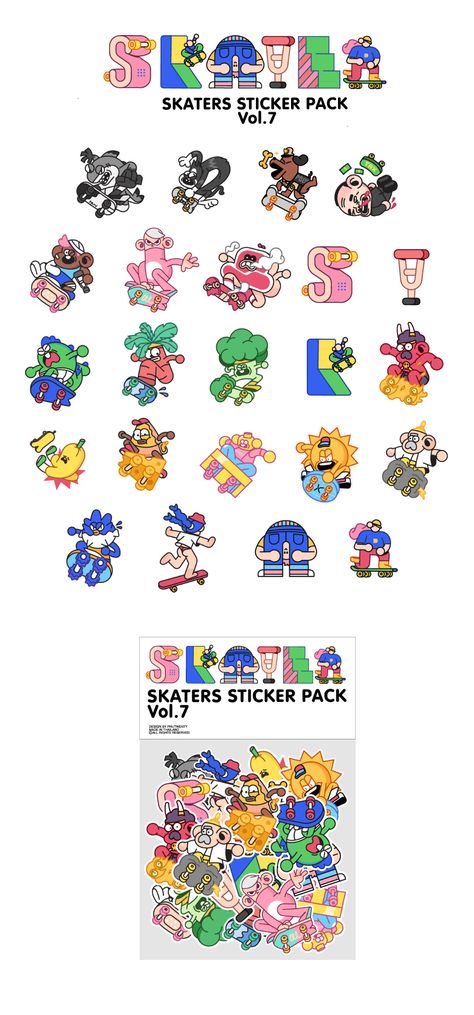 Skaters Sticker pack on Behance Storyboard Ideas, Storyboard Illustration, Creative Playground, The Artist Movie, Visual Identity Design, Sticker Patches, Logo Sticker, Sticker Collection, Sticker Pack