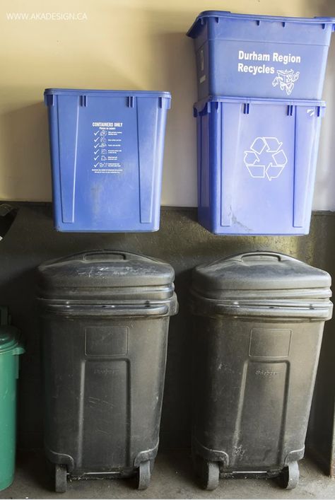 garage organization ideas mount recycling bins Hanging Recycling Bins, Garbage Storage Garage, Garbage Can Storage Garage, Recycling Organization Garage, Garage Garbage Storage, Diy Recycle Bin Storage, Recycle Storage Ideas, Recycle Bin Ideas Small Spaces, Recycle Bin Ideas