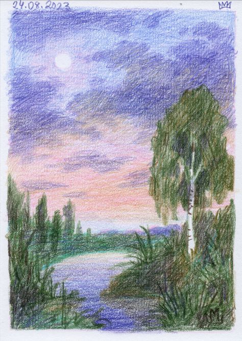 Artist: marjaz Sketch, sketchbook, coloured pencils, landscape Colored Pencil Mountain Landscape, Pencil Crayon Landscape, Colored Pencil Art Landscape, Colored Pencil Drawing Landscape, Color Pencil Sunset, Color Pencil Landscape, Crayon Landscape, Easy Colored Pencil Drawing, Pencil Colour Sketches