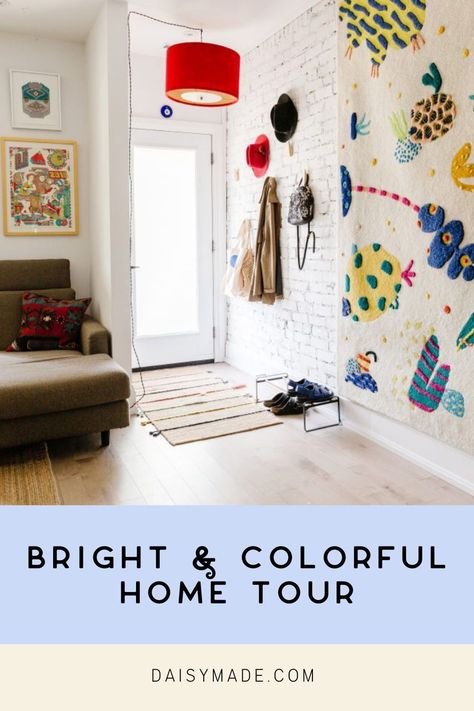 Gabriella Nassief Borg’s bright + colorful home is perfectly packed with vintage finds and creative design. Colorful home decor inspiration with white brick walls. Unique light fixtures. White Walls Colorful Decor, Pops Of Color Decor, Bright Colorful Home, House Diys, Painted Brick Wall, Ikea Art, Toronto Home, Colorful Home Decor, House Color Palettes