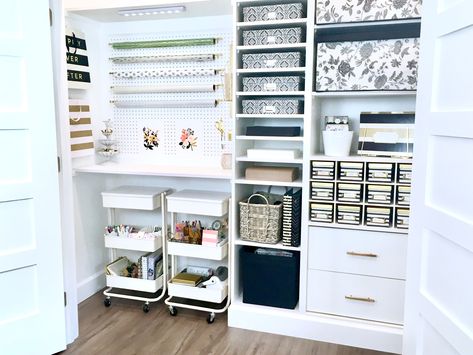 How To Organize A Craft Closet, Craft Storage In Closet, Craft Room In A Closet, Built In Craft Closet, Closet Organization For Craft Supplies, Pax Craft Room, Walk In Craft Closet, Craft Room Organization Armoire, Closet Craft Storage