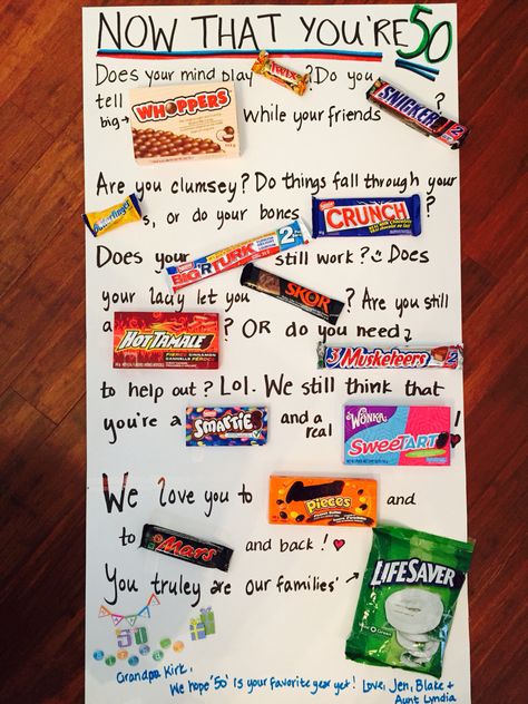 50th birthday candy card for my wonderful father in law. It's a little sentimental & a little silly but overall is cute. We used Canadian chocolate bars  & candy to come up with the story. Here's hoping its a hit! :) JAK Candy Bar Cards, Candy Poems, Candy Birthday Cards, Candy Bar Poster, Homemade Birthday Gifts, Candy Card, Candy Bar Posters, Candy Quotes, Candy Bar Birthday