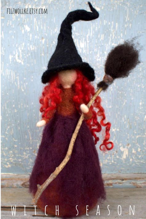 The time of witches has started! Get your witch made of wool here! #witches #witchseason #feltart #feltedwitch #autumndecor #magicalhome #witchart #witchloversart #feltfigurines #feltfigures Needle Felted Witch, Felted Witch, Felted Halloween, Wire Dolls, Halloween Party Planning, W.i.t.c.h Art, Fairytale Decor, Artwork Decor, Felting Ideas