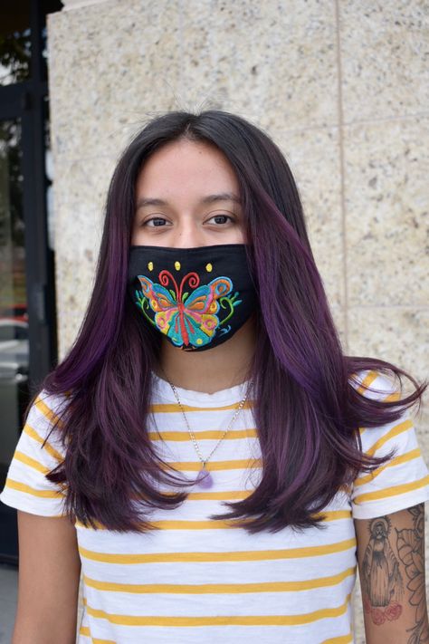 Purple Layers Hair, Dark Purple Hair Asian, Purple Money Piece Hair Brunette, Under Highlights Hair, Purple Money Piece Hair, Deep Purple Hair, Violet Hair Colors, Wine Hair Color, Hair Colour Design