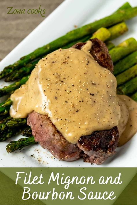 This easy Filet Mignon and Bourbon Sauce is impressive without requiring too many ingredients. The Filet Mignon medallions are simply seasoned with salt and pepper and cooked in a cast iron skillet until they are medium rare. Then the pan drippings are mixed with bourbon, onion, garlic, heavy cream, beef broth, butter, and a touch of sugar to create a sauce. Easy Filet Mignon, Beef Tenderlion, Ham Pasta Salad, Filet Mignon Sauce, Filet Mignon Recipe, Grilled Ribeye Steak, Mignon Steak, Filet Mignon Recipes