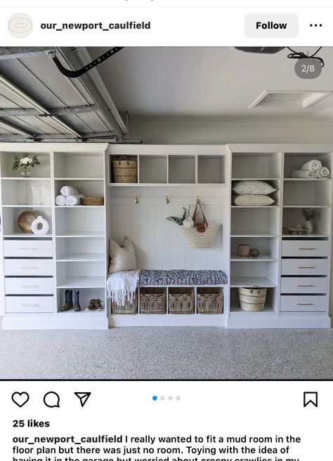 Mudroom/storage Room, How To Store Shoes In Garage, Garage Laundry Organization, Garage Organization Mudroom, Couch In Garage, Modern Garage Organization, Garage Coat Closet, Storage Room Cabinets, Garage Converted To Mudroom