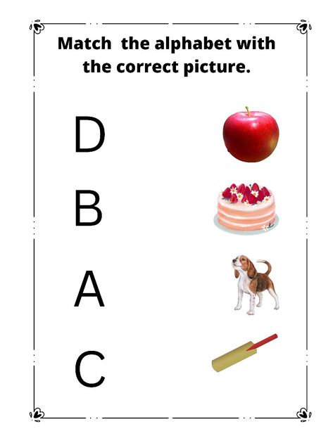 Worksheet for kids Matching Alphabets With Pictures, Match The Letter With The Picture, Match The Alphabet With Picture, Alphabet With Pictures Free Printable, Alphabet Matching Worksheet, Preschool Worksheets Free Printables, Kindergarten Word Families, Nursery Worksheets, Letter Worksheets For Preschool