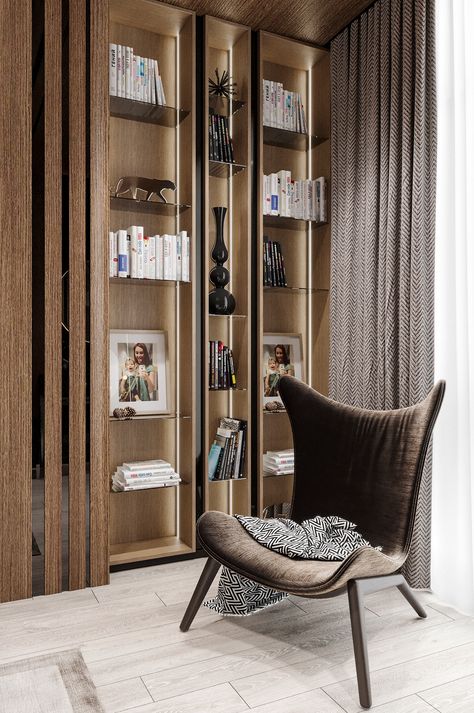 Bedroom on Behance Luxury Bookcase Design, Bedroom Display Cabinet, Bookcase Design Ideas, Bedroom With Books, Dining Unit, Modern Bookcase Design, Luxury Bookcase, Display Cabinet Design, Bookshelves In Bedroom