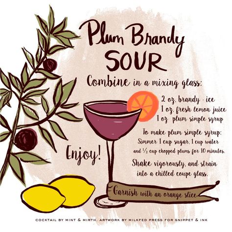 Plum Brandy Cocktails, Cocktail Artwork, Crafty Cocktails, Brandy Sour, Brandy Drink, Plum Brandy, Brandy Cocktails, Signature Cocktails Wedding, Sour Foods