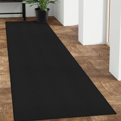 PRICES MAY VARY. No Jam Doors: Size: 2' x 8' (24"x96") | Thickness: Rug: 0.16 in. Edge: 0.35 in | Color: Black. Notes: Reinforced edges (0.35 in.) for extra durability. Please measure door clearance to ensure the rug doesn't get stuck Machine Washable: Crafted from premium cotton-linen blend, this rug is soft to the touch and machine washable. Light creases from folding or washing can be easily removed by low-temperature tumble drying or ironing Hand-Woven Rug: Crafted from cotton + polyester fo Black And White Kitchen Floor, Kitchen Floor Runner, White And Black Kitchen, White Kitchen Floor, Runner Rug Black, Runner Entryway, Black Notes, Hall Entrance, Washable Runner Rug