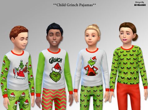 Included are four winter pajama tops and four pair of mix and match pants for your Sims kids to wear featuring Dr. Seuss How The Grinch Stole Christmas! Please do not alter, upload anywhere else or... Sims 4 Grinch Cc, Sims 4 Toddler Winter Clothes, Sims Face, Hipster Crop Tops, Infant Cc, Winter Pajama, Sims Furniture, Sims 4 Traits, Sims Clothes